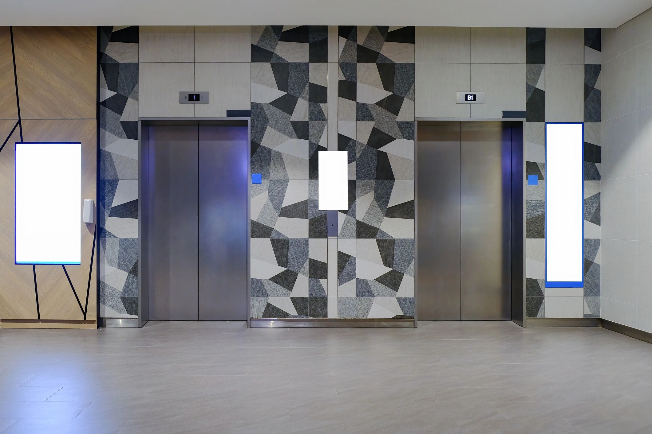 Wide angle front view of modern lift lobby